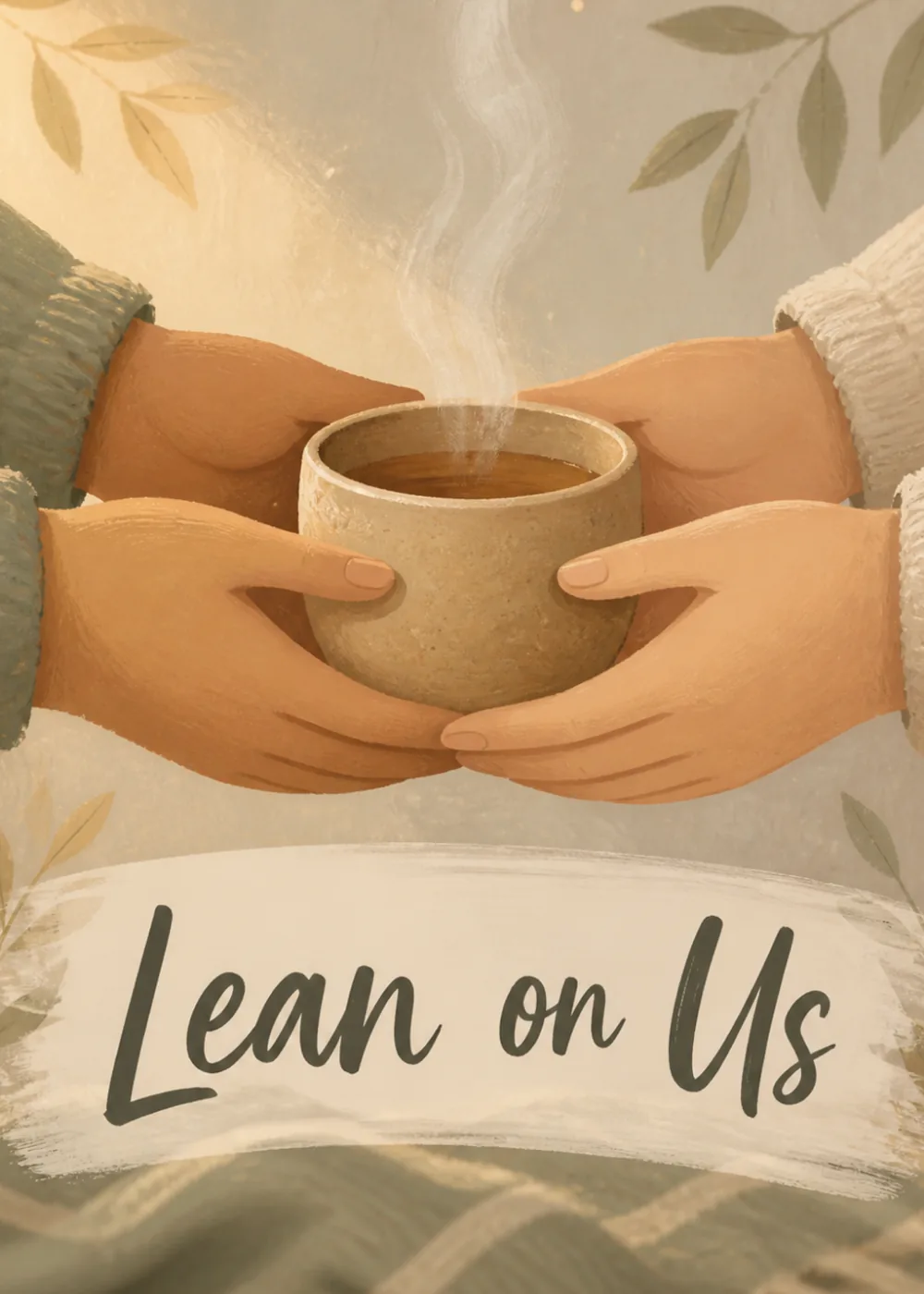 Four hands cradling a steaming mug together over 'Lean on Us' script, warm autumn illustration