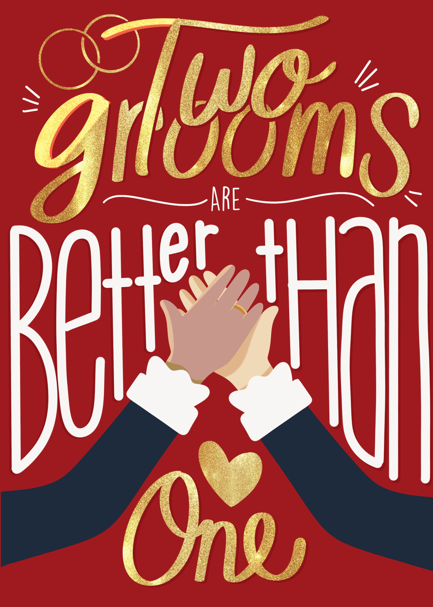 Bold red card with two illustrated grooms and the text Two Grooms Better Than One