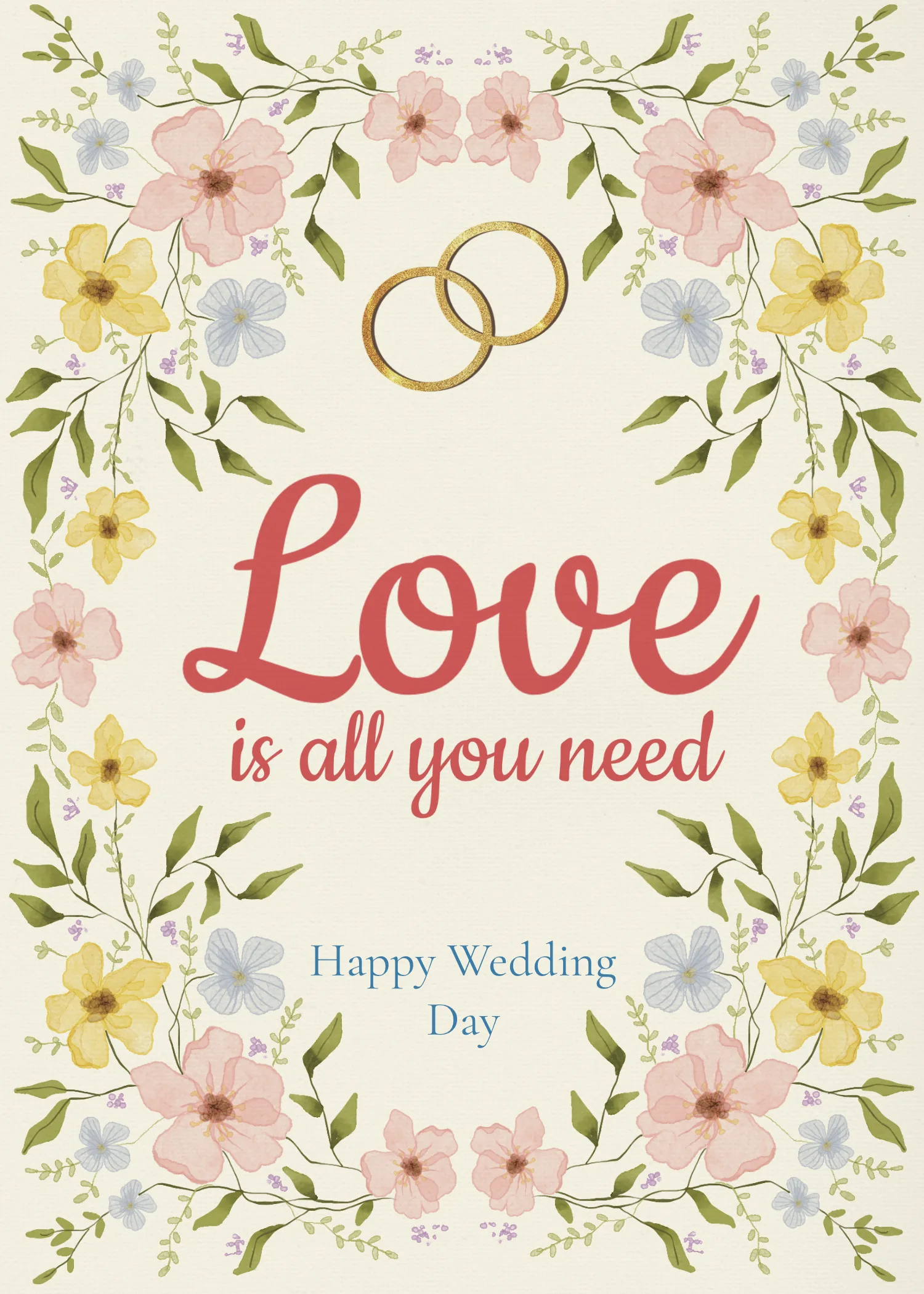 Cream wedding card with a floral wreath and love is all you need text