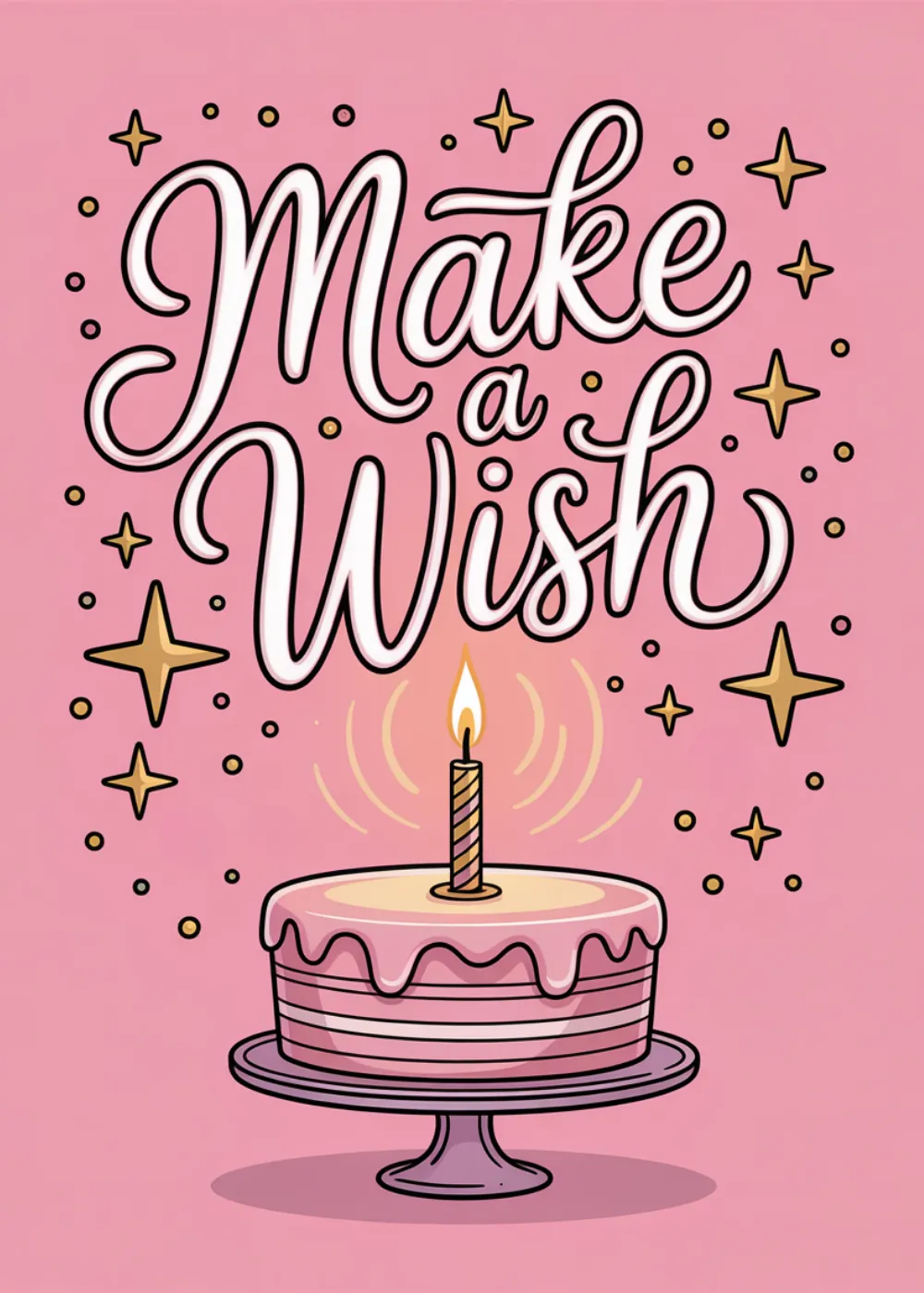 A cute pink birthday cake with a candle and the text Make a Wish.