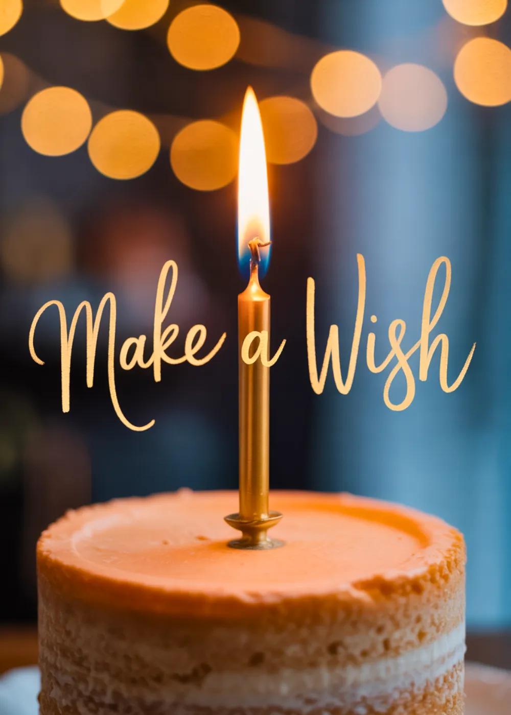 Single lit candle on a glowing frosted cake with Make a Wish birthday text
