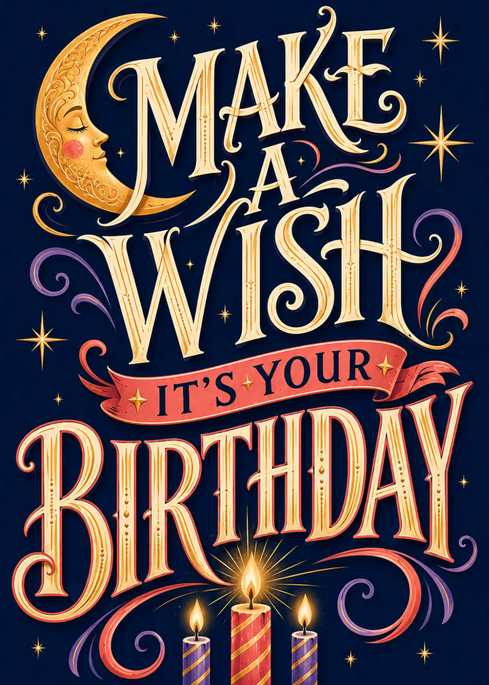 Sleeping crescent moon and lit candles with ornate gold Make A Wish birthday lettering