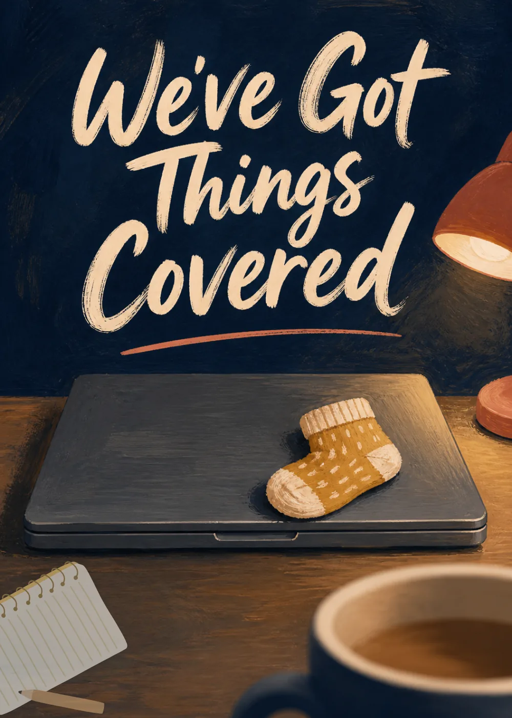 Cozy desk scene with a closed laptop, tiny yellow baby sock, coffee mug, and We've Got Things Covered text