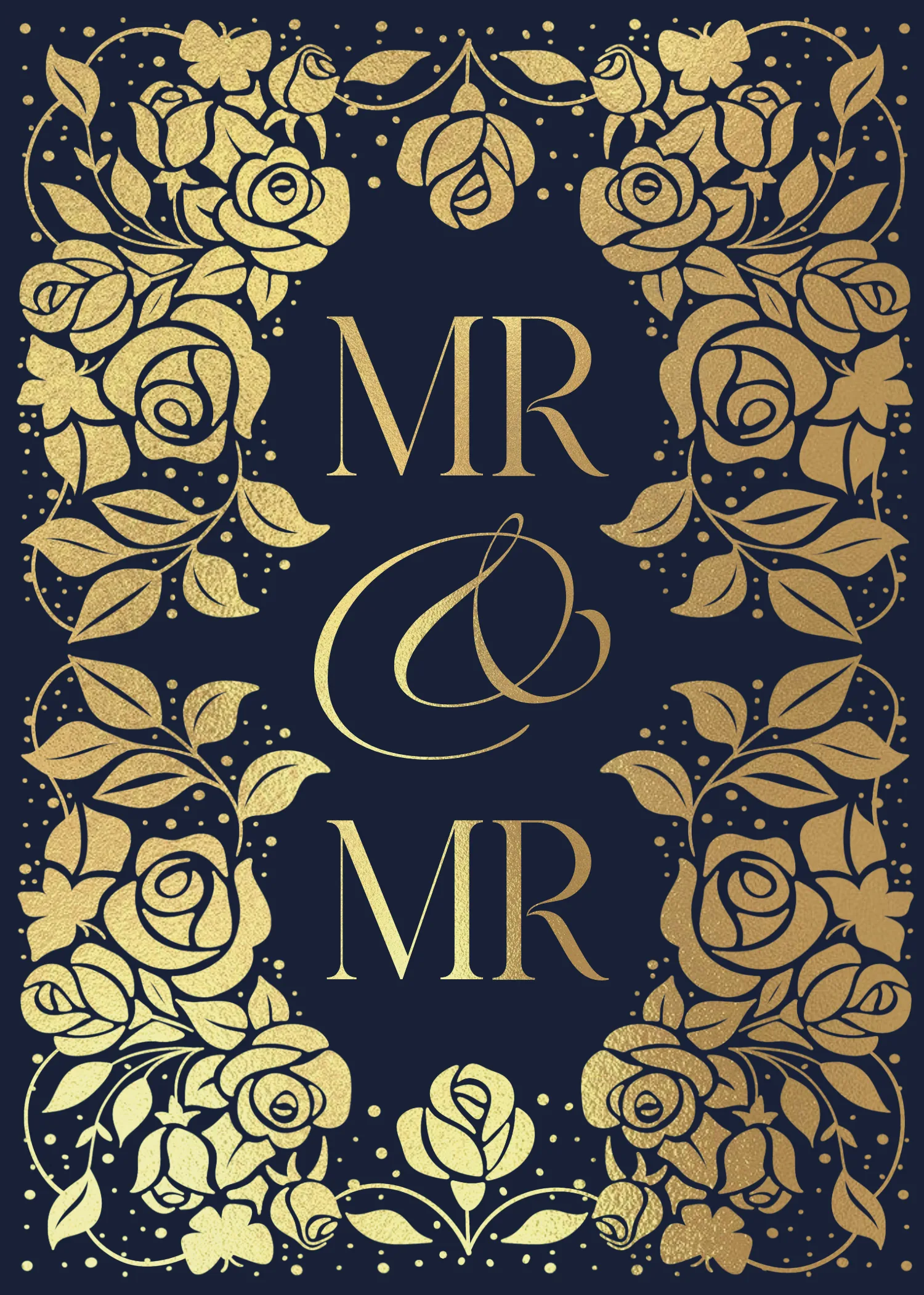 Navy and gold wedding card with a floral wreath reading Mr and Mr