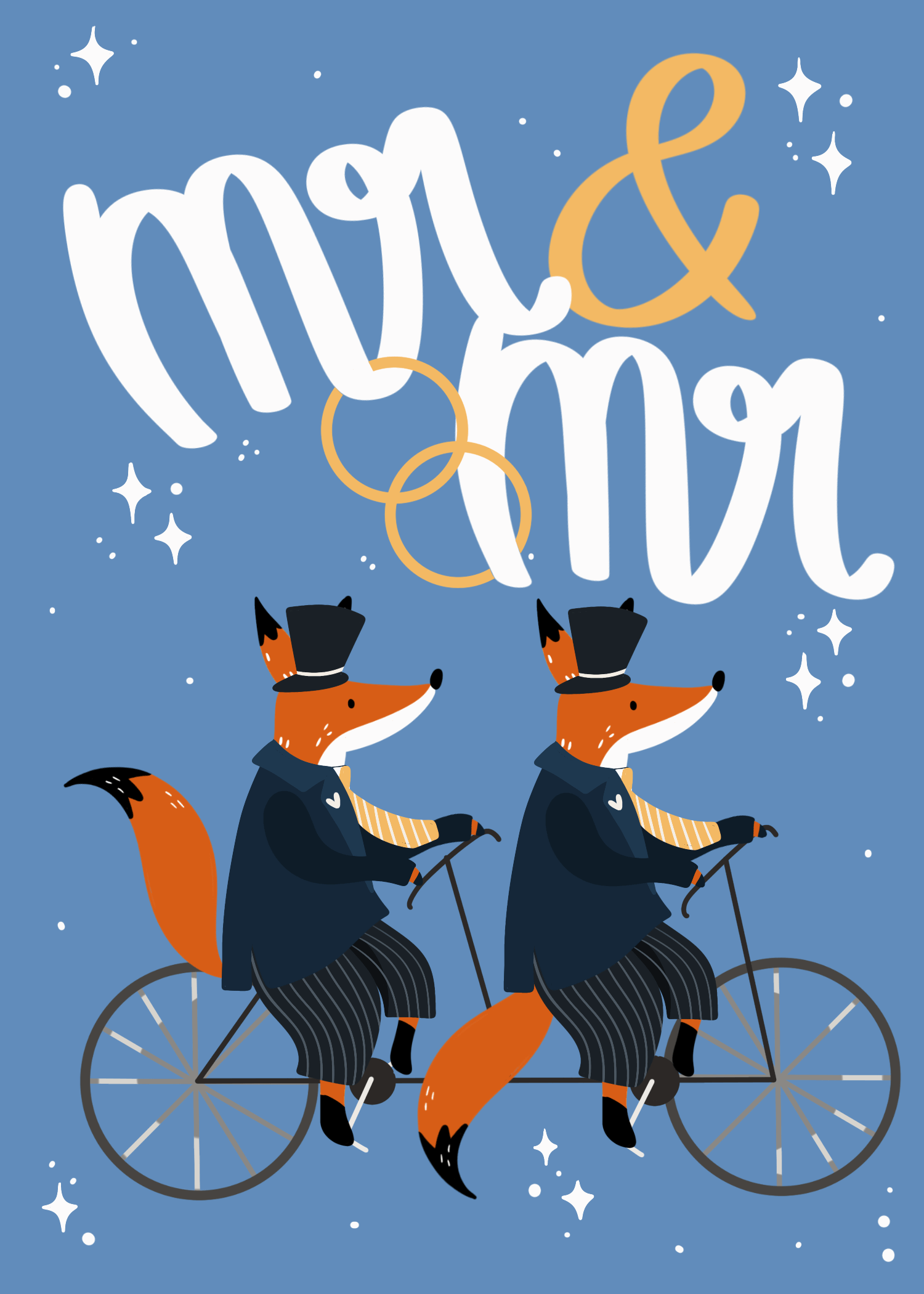 Two illustrated grooms in tuxedos riding bicycles together on a teal background