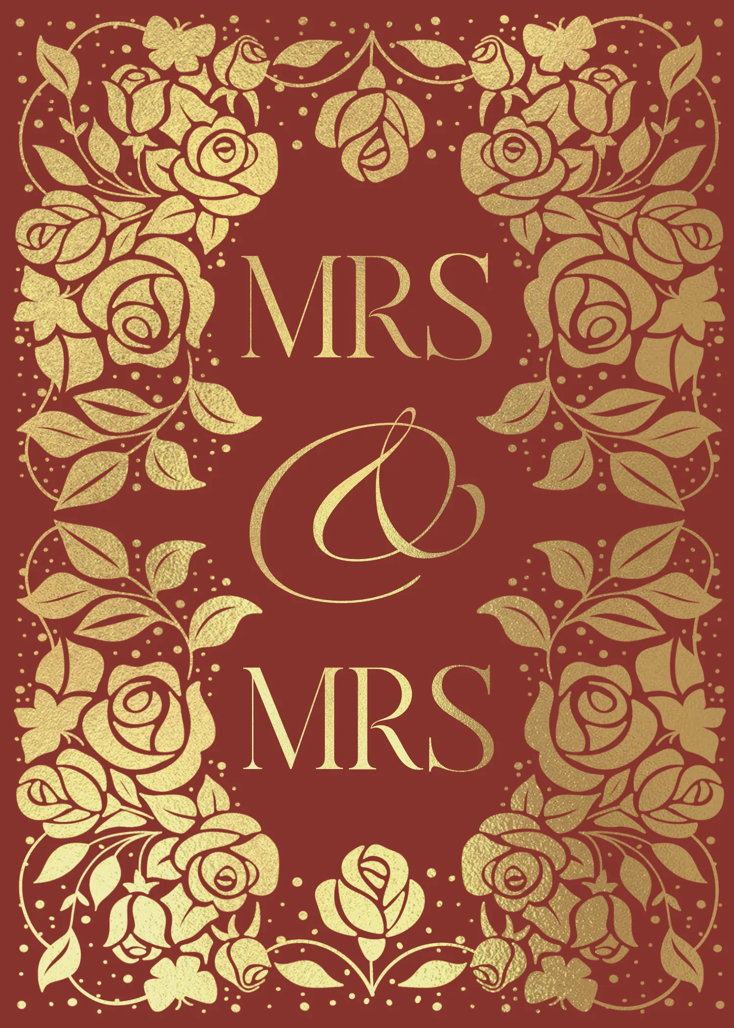 Burgundy and gold wedding card with a floral wreath reading Mrs and Mrs
