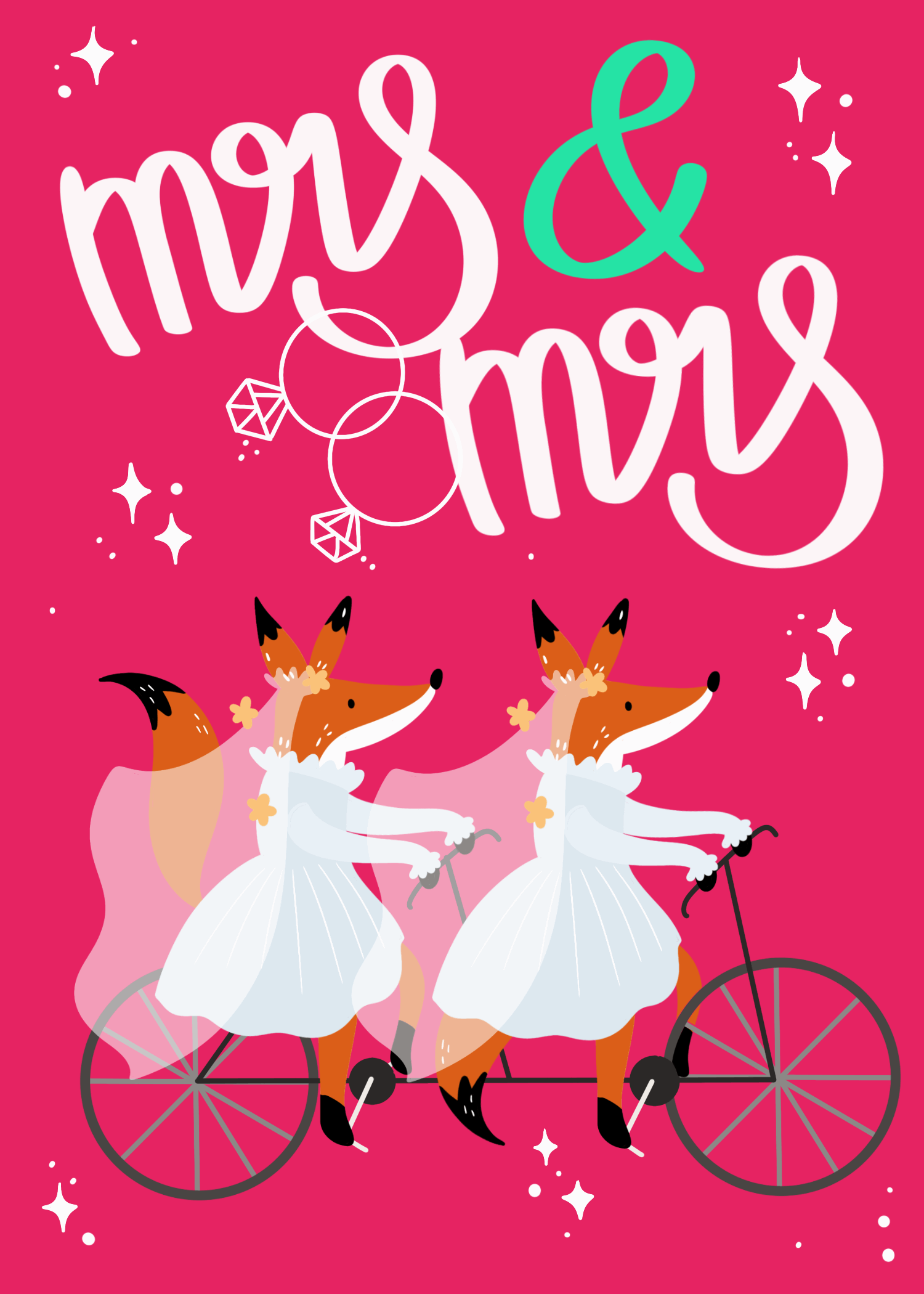 Two illustrated brides in wedding gowns dancing on a pink confetti background