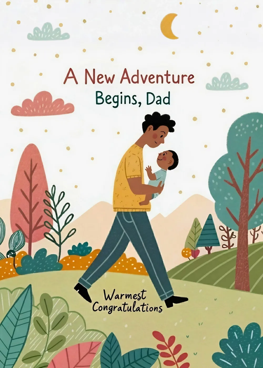 Illustrated new baby card with father holding newborn walking outside and A New Adventure Begins Dad message
