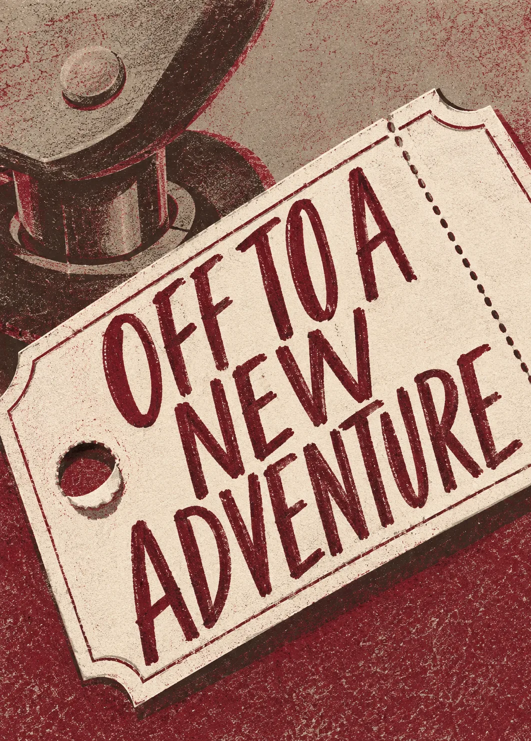 Weathered vintage luggage tag reading 'Off to a New Adventure' in red ink on cream paper Weathered vintage luggage tag reading 'Off to a New Adventure' in red ink on cream paper