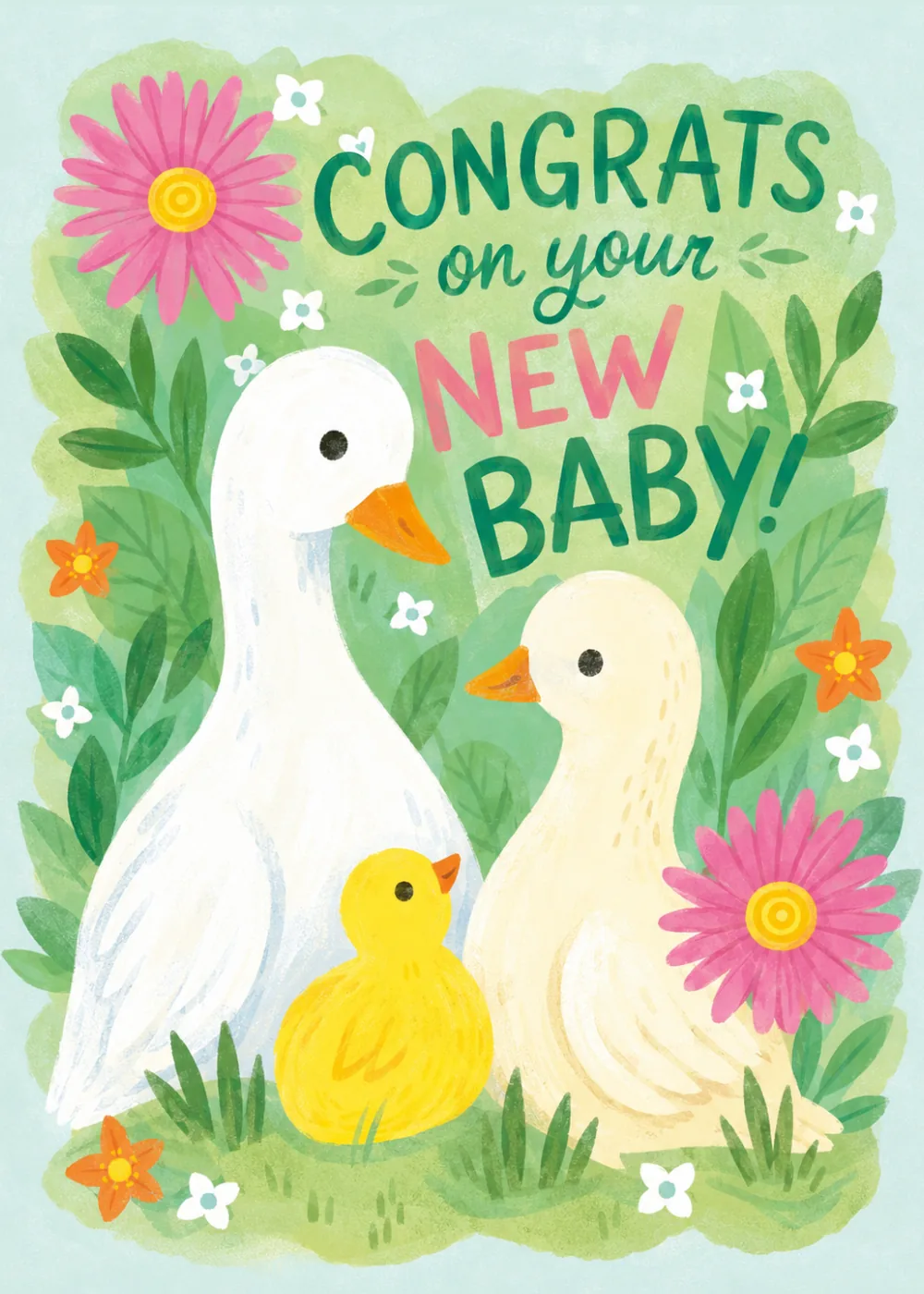White duck and two yellow ducklings in a flower garden, congratulations on your new baby card