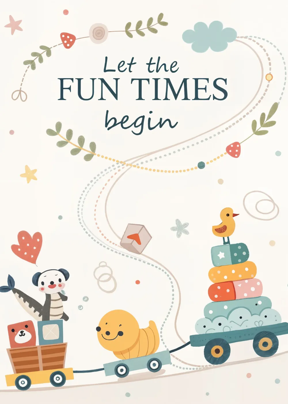 New baby card with illustrated toy train animals building blocks and Let the Fun Times Begin message