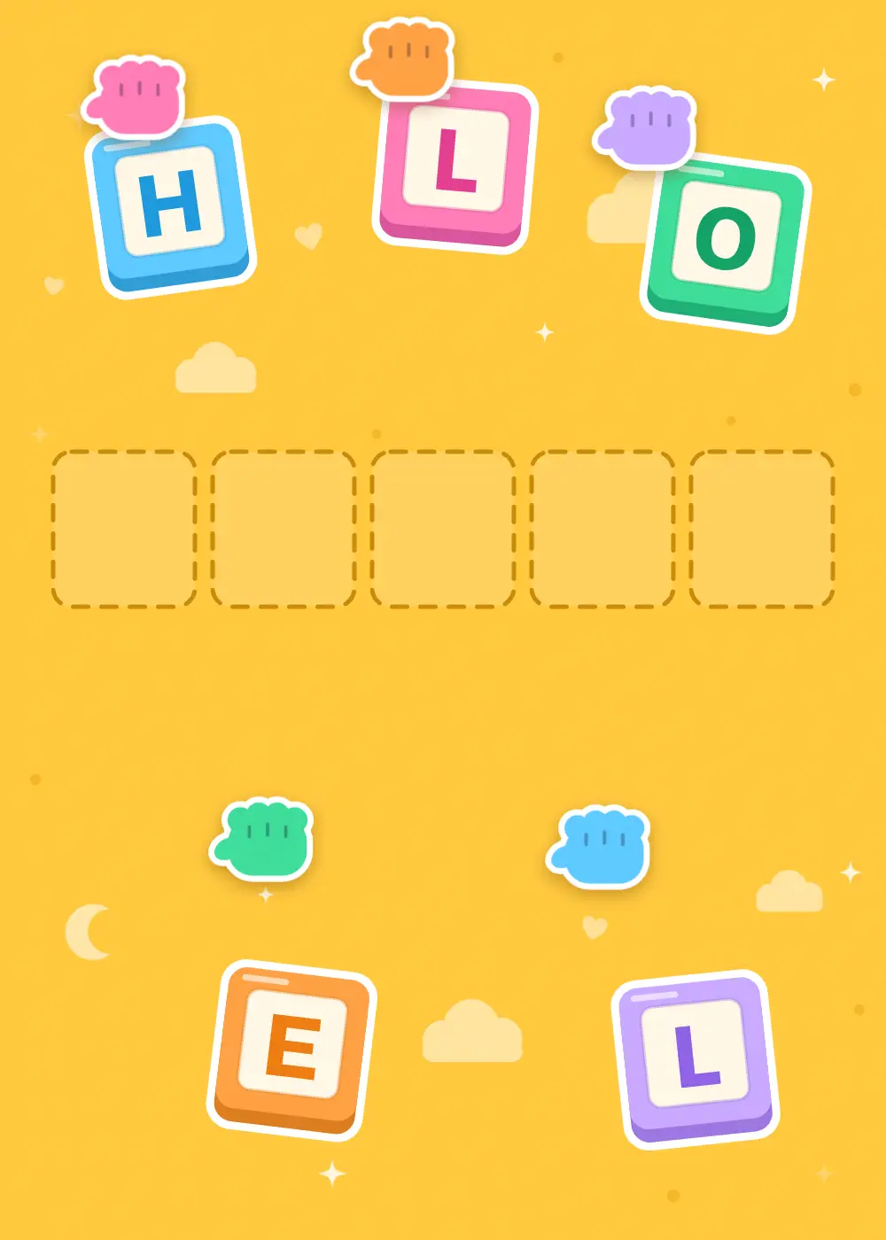 Animated colorful alphabet blocks stacking to spell HELLO above little one on a sunny yellow background