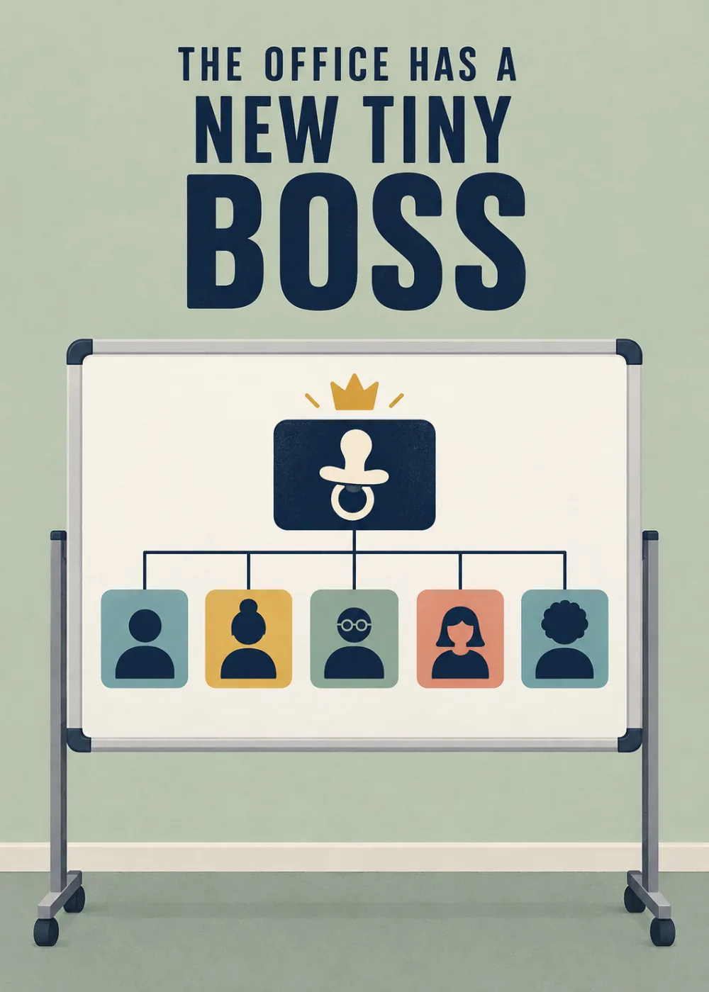 Whiteboard org chart with a crowned pacifier as boss above employee icons Whiteboard org chart with a crowned pacifier as boss above employee icons