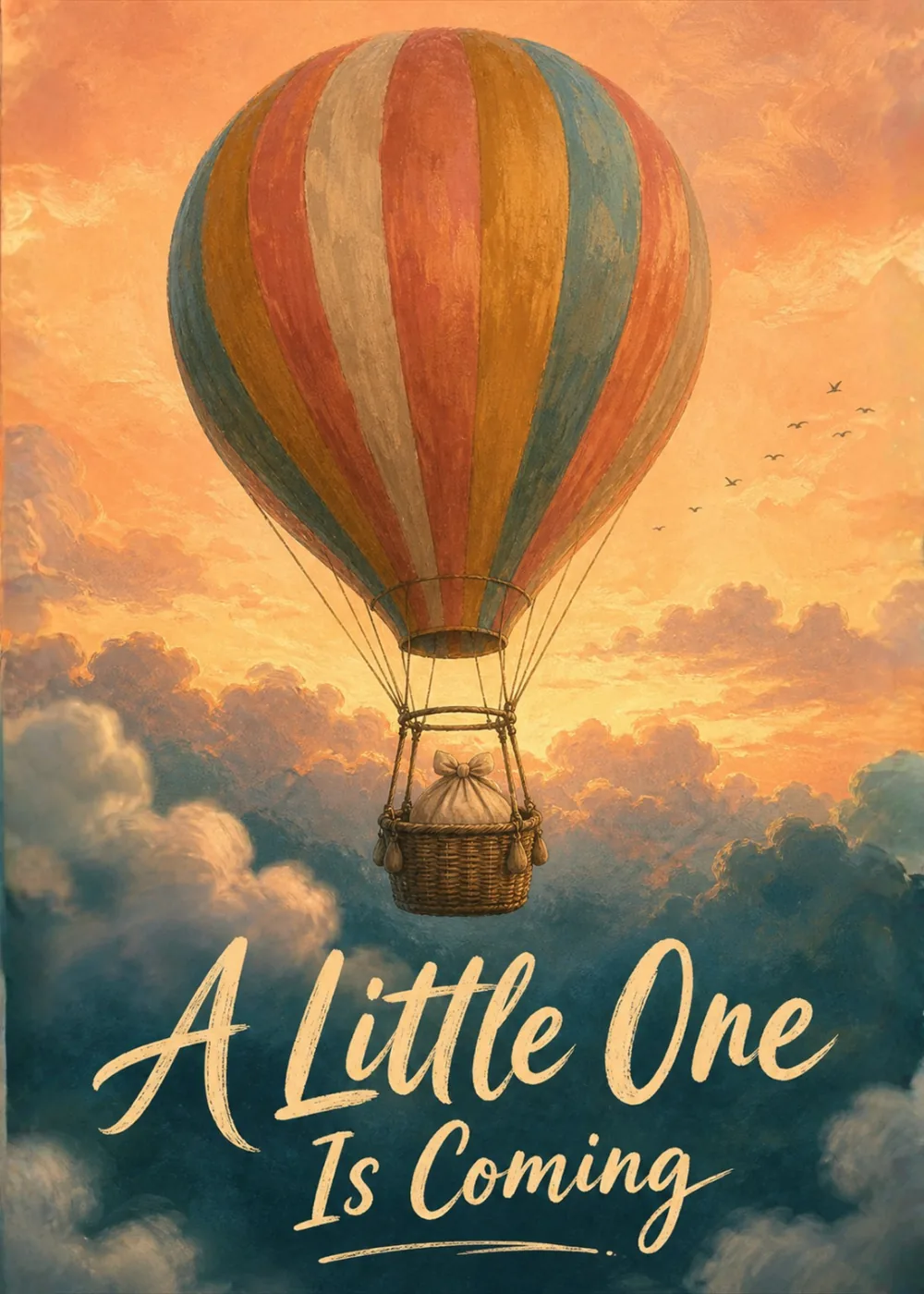 Hot air balloon lifts a swaddled baby bundle through a golden sunset sky for a newborn announcement
