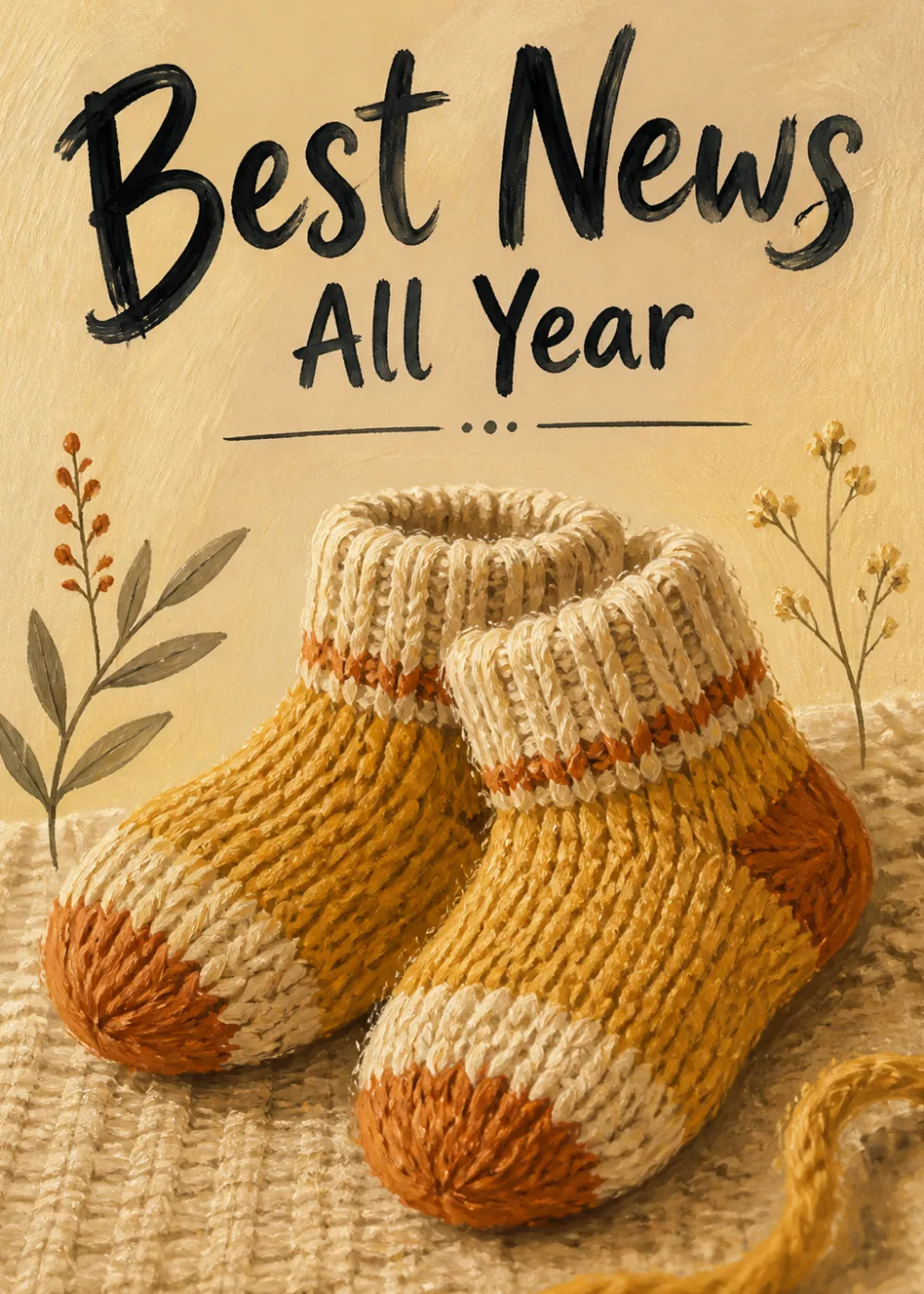 Hand-knit mustard and rust baby booties on a woven blanket with dried florals and Best News All Year text