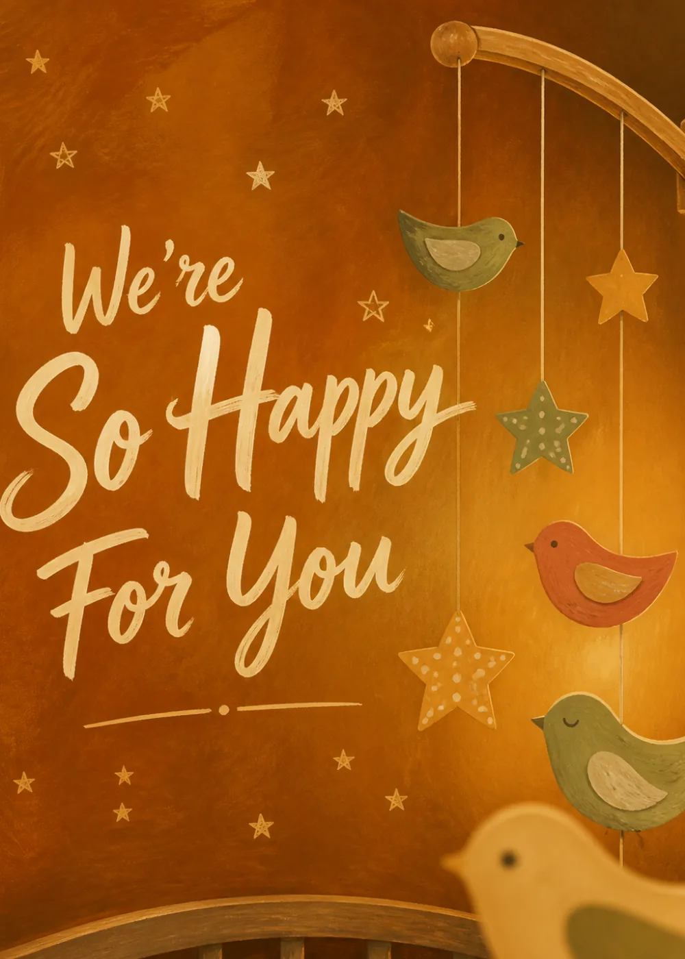 Warm amber nursery scene celebrating a newborn, with a wooden mobile of painted birds and stars