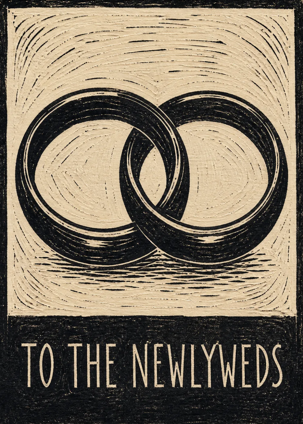 Woodcut style illustration of two interlocking wedding rings with To the Newlyweds text Woodcut style illustration of two interlocking wedding rings with To the Newlyweds text