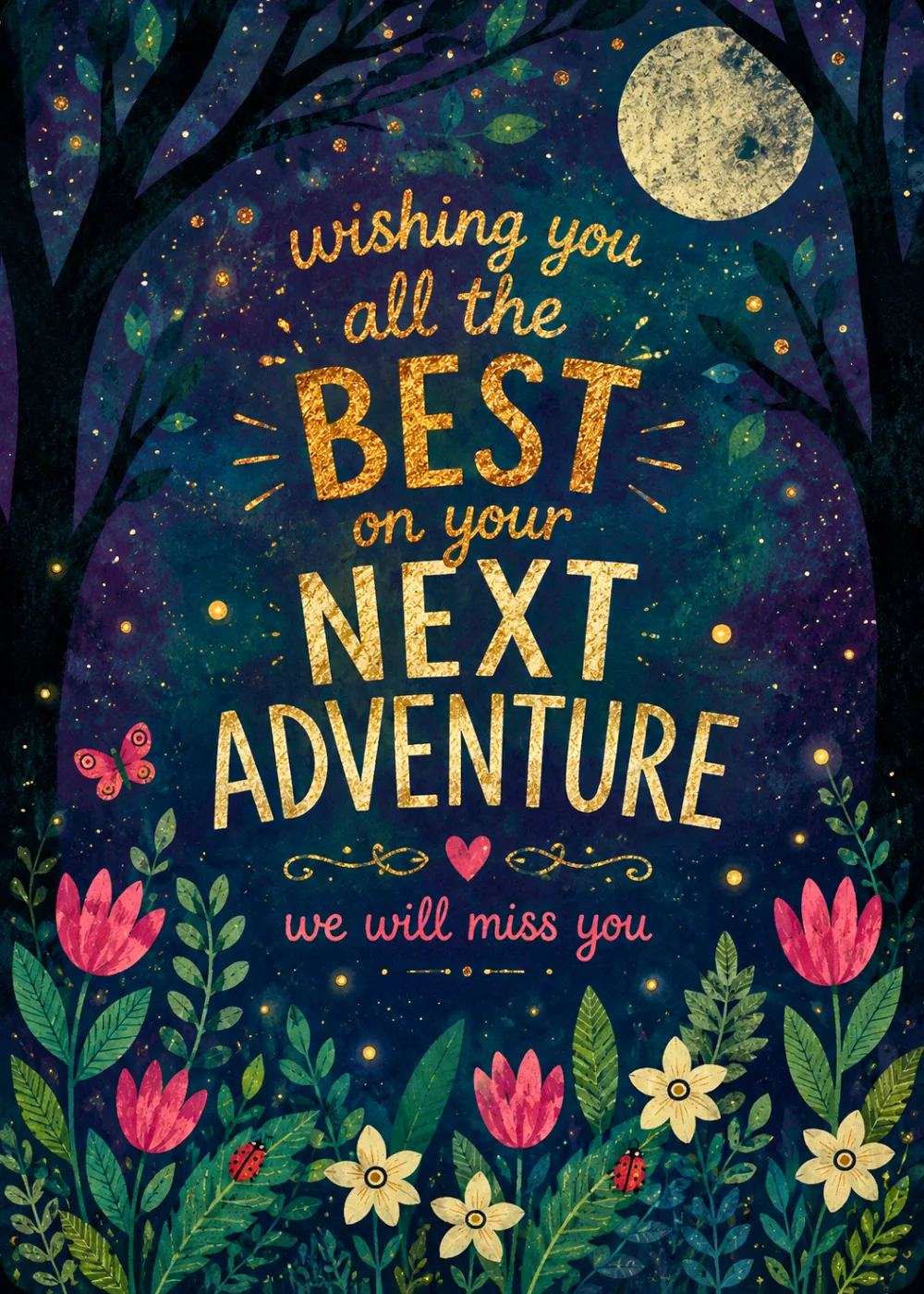 Moonlit forest and flowers on a We Will Miss You farewell card