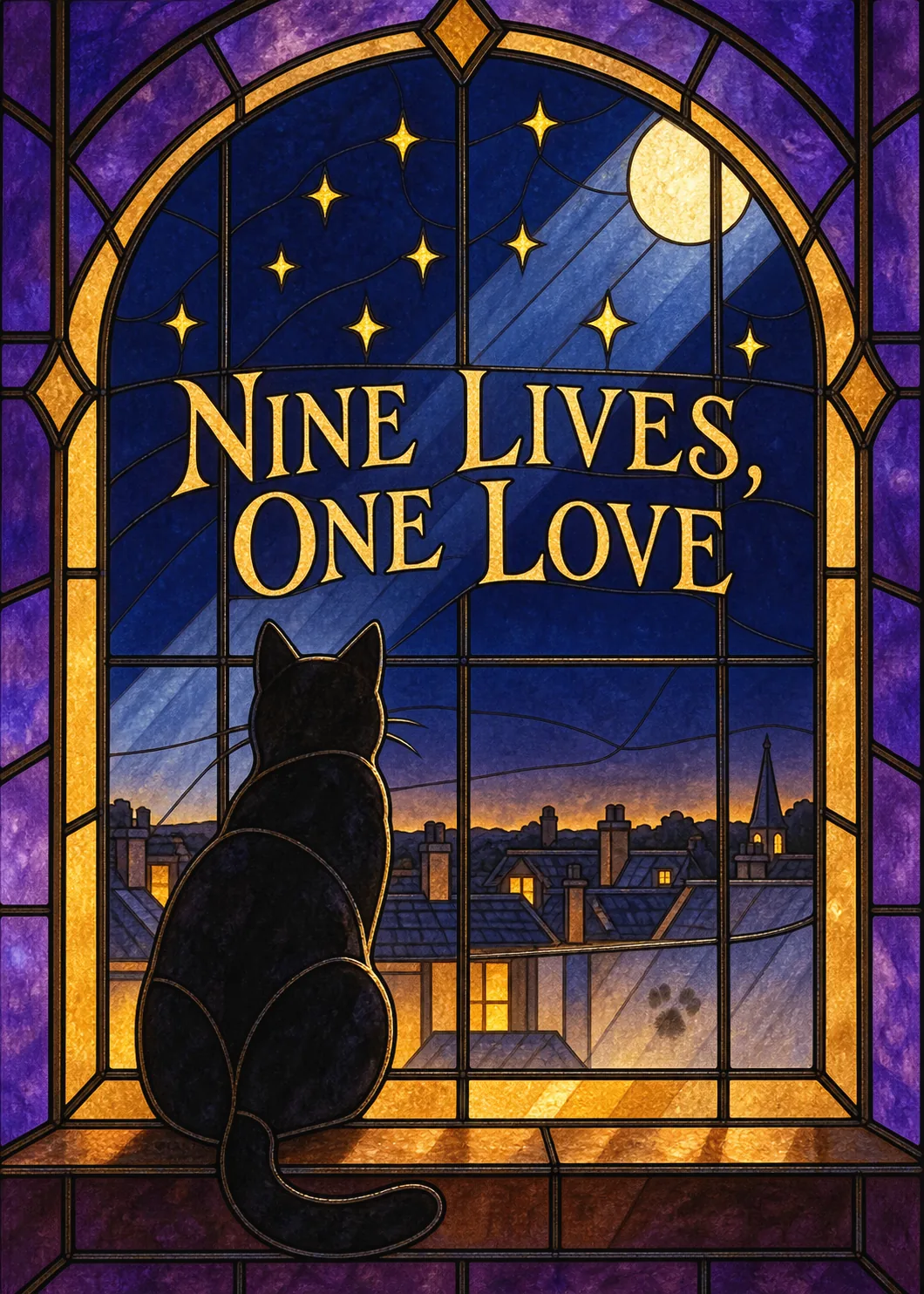 Stained glass window with a black cat silhouette under stars and text nine lives one love in blue and gold Stained glass window with a black cat silhouette under stars and text nine lives one love in blue and gold