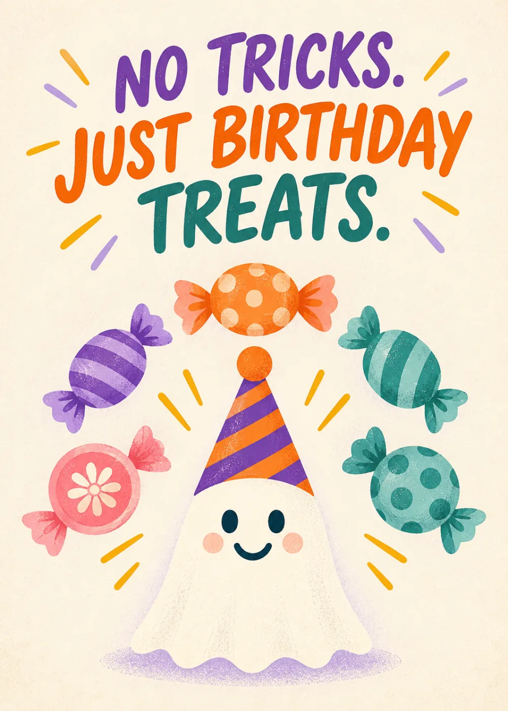 Birthday card with a smiling ghost in a striped party hat and colorful wrapped candies, text No tricks just birthday treats