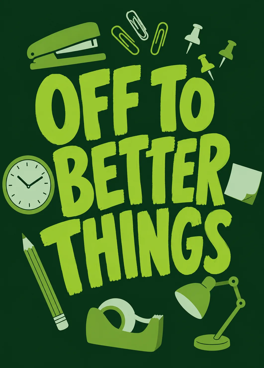 Green farewell card with bold lettering and playful office desk icons