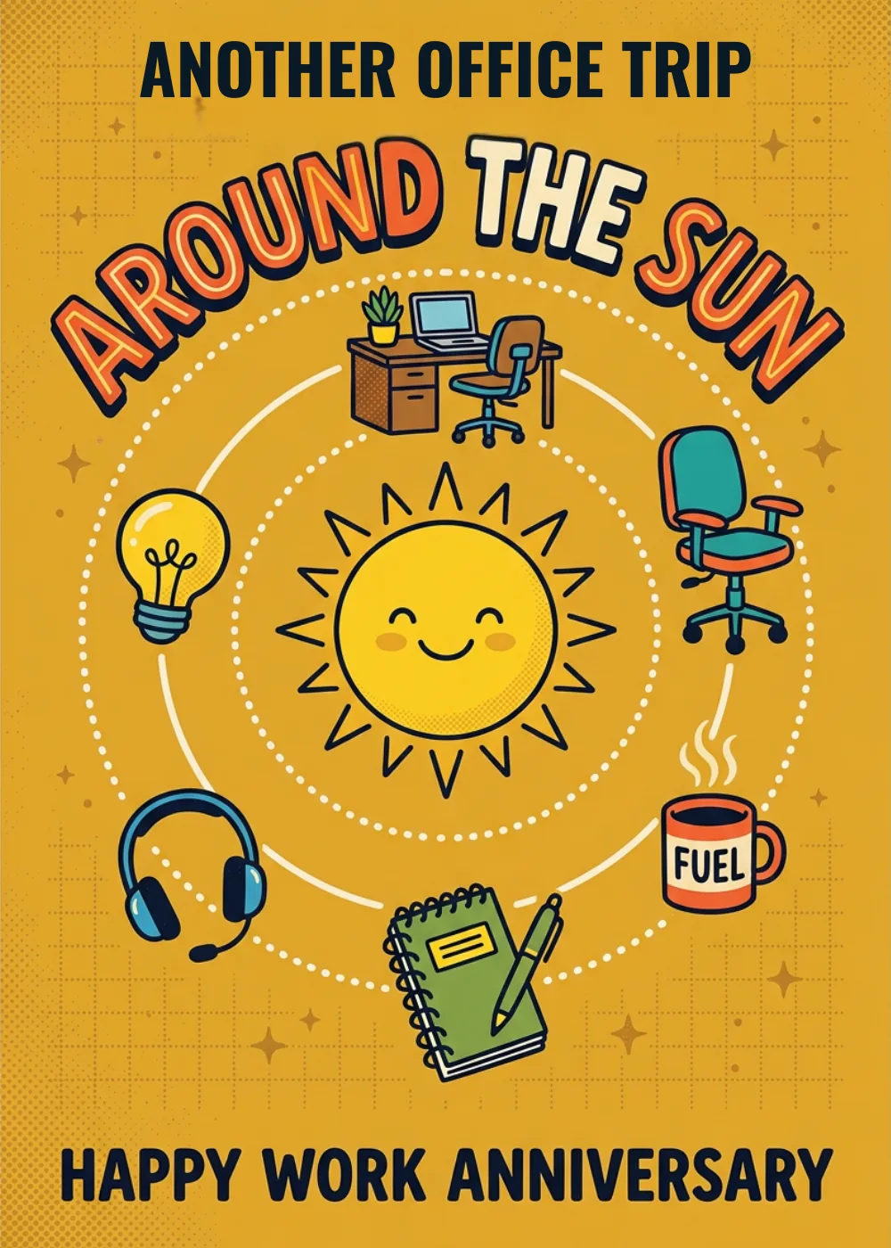 Smiling sun circled by office icons with text Another Office Trip Around The Sun Happy Work Anniversary