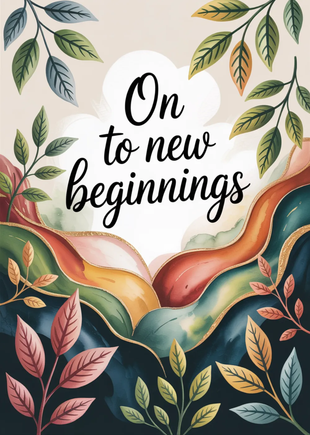 A lush green leaf wreath with the text On to new beginnings.
