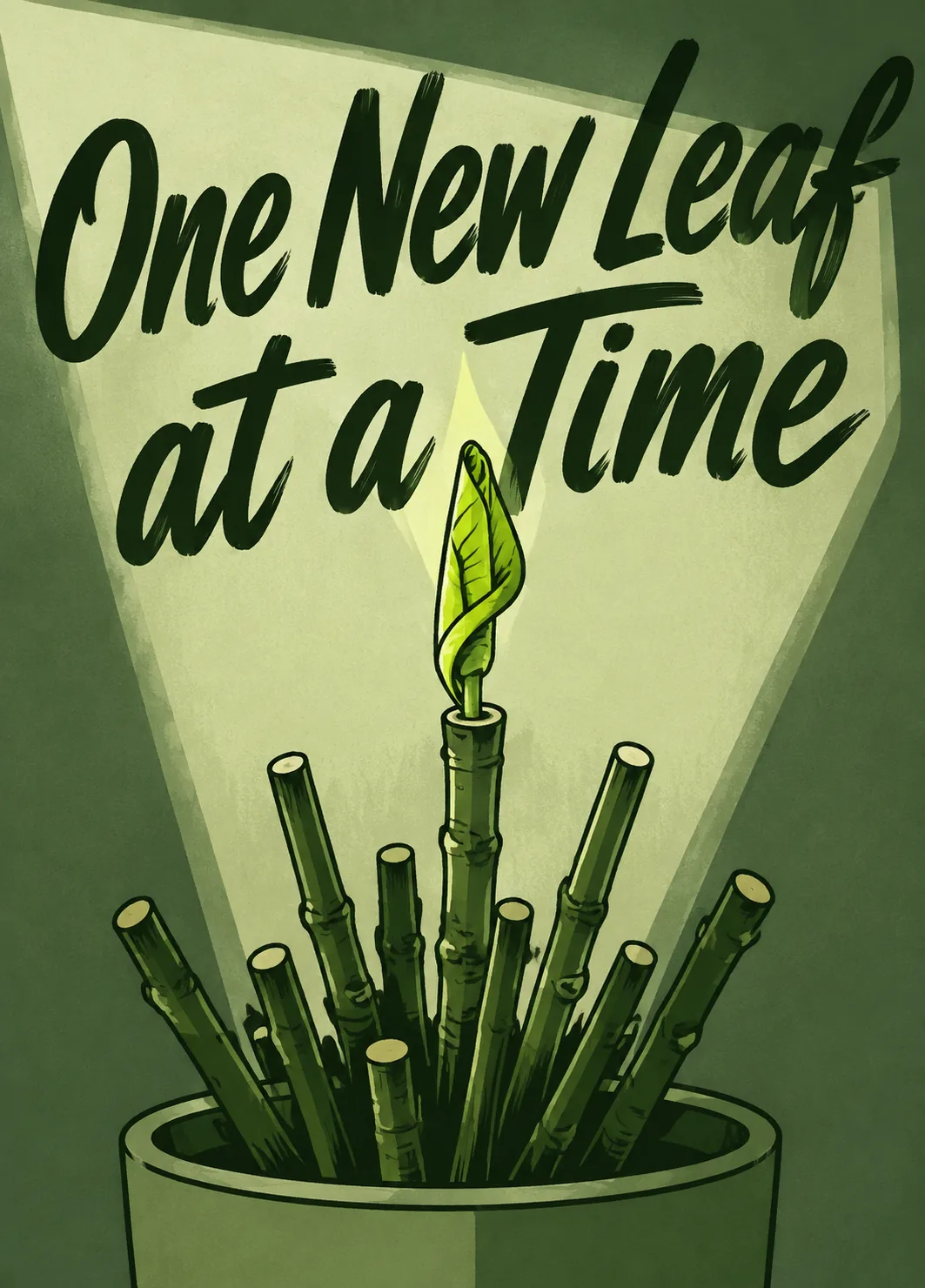 A single green leaf unfurls from bare stalks beneath One New Leaf At A Time lettering