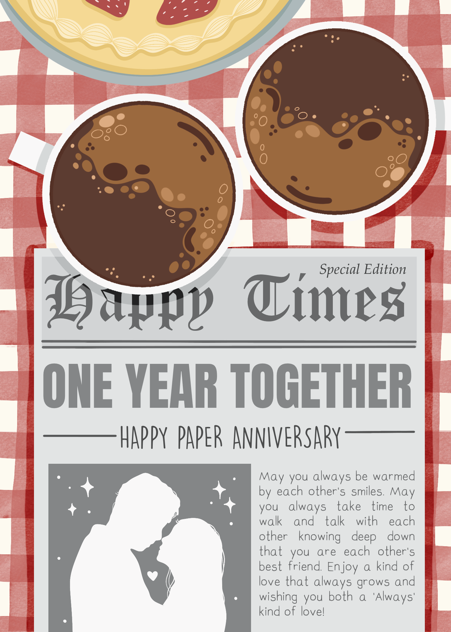 Retro newspaper style anniversary card celebrating one year together with illustrated characters