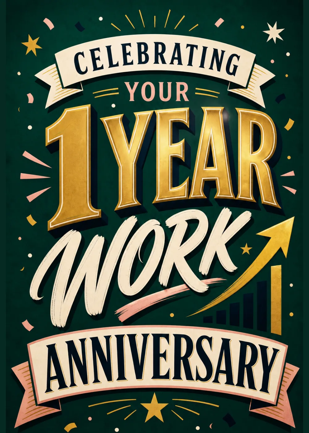 Gold 1 Year lettering with a rising arrow and bar chart on dark green for a work anniversary