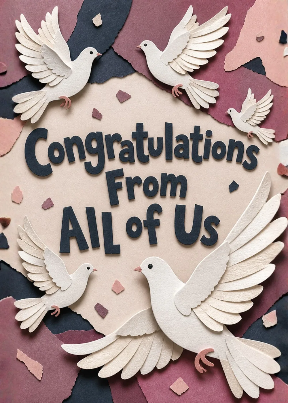 Paper-cut white doves in flight over a torn rose and charcoal paper collage congratulations card