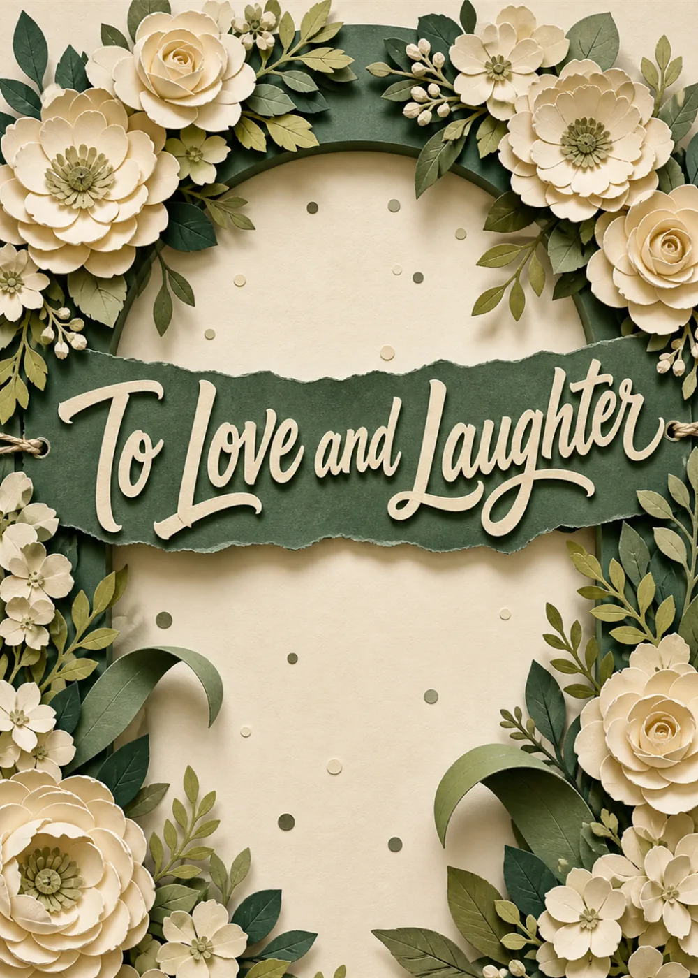 Paper-cut cream rose wreath framing a torn kraft banner for a wedding well-wish Paper-cut cream rose wreath framing a torn kraft banner for a wedding well-wish