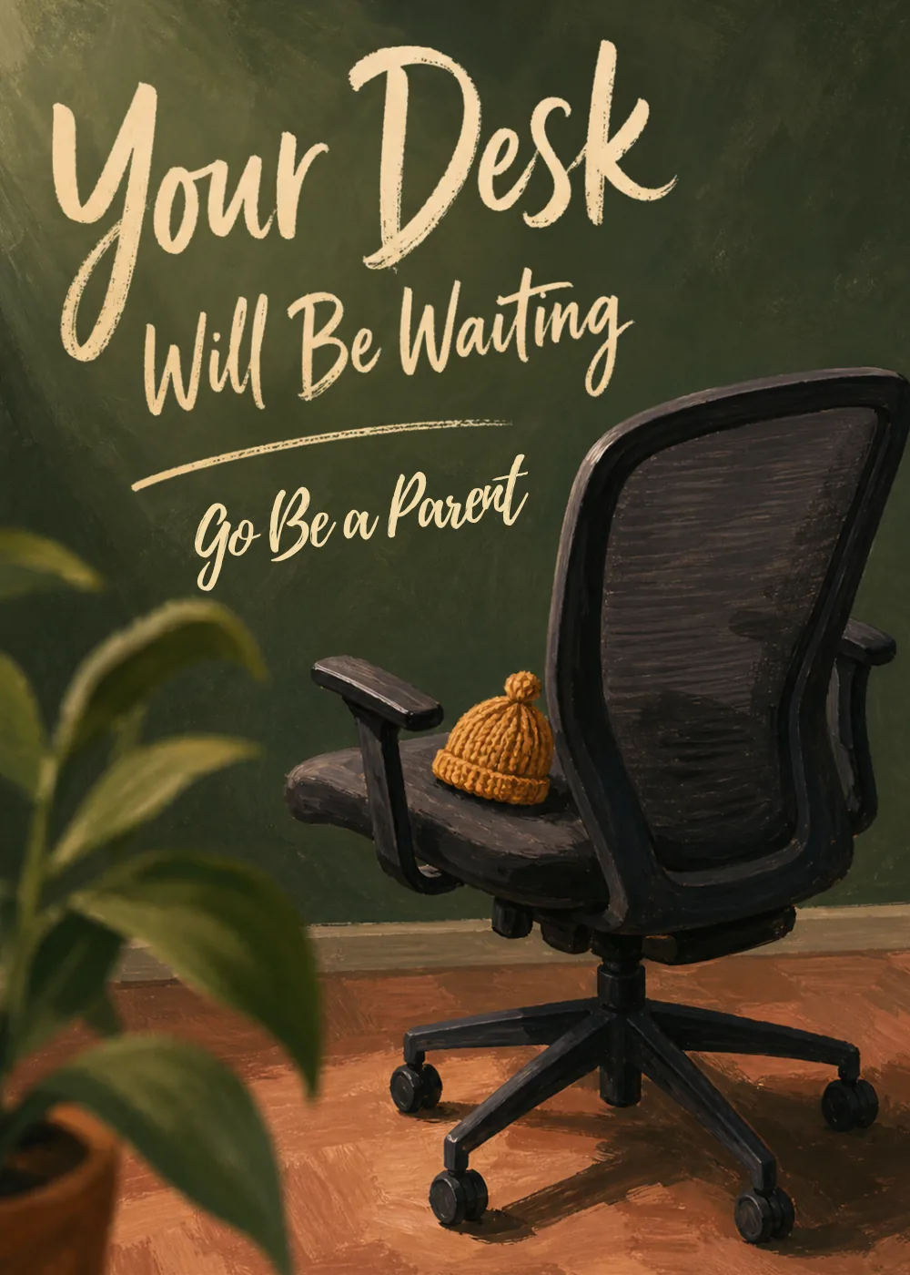 Painterly office chair with a knit beanie and potted plant, Go Be a Parent message
