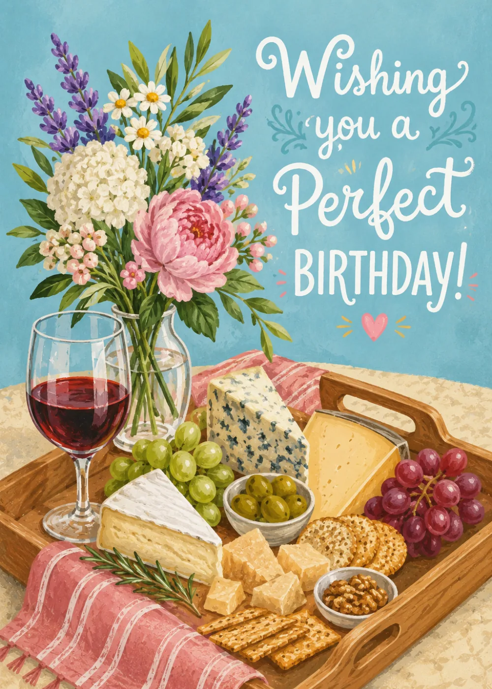 Birthday card with a wine glass, cheese board, grapes, and a flower bouquet on a teal background