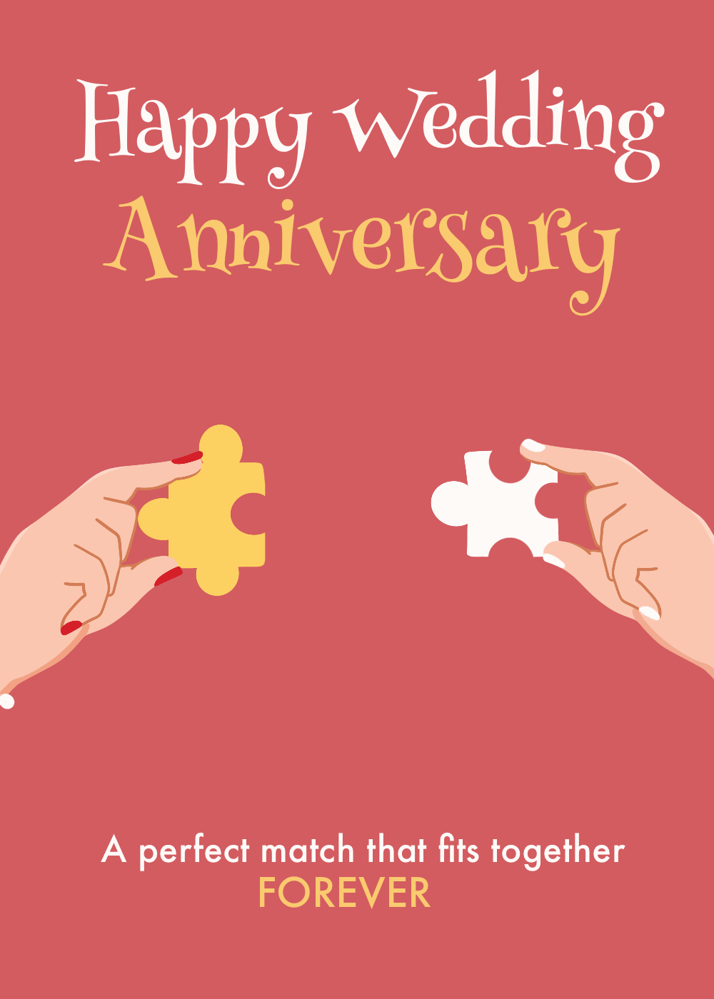 Two hands assembling puzzle-piece hearts on a coral pink wedding anniversary card