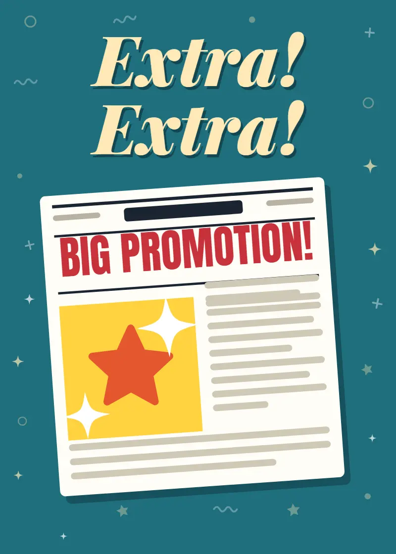 Animated newspaper with a BIG PROMOTION headline and a red star on teal under Extra Extra lettering