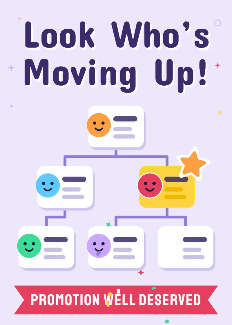 Animated org chart of smiling colorful face cards and a gold star under Look Who's Moving Up Animated org chart of smiling colorful face cards and a gold star under Look Who's Moving Up