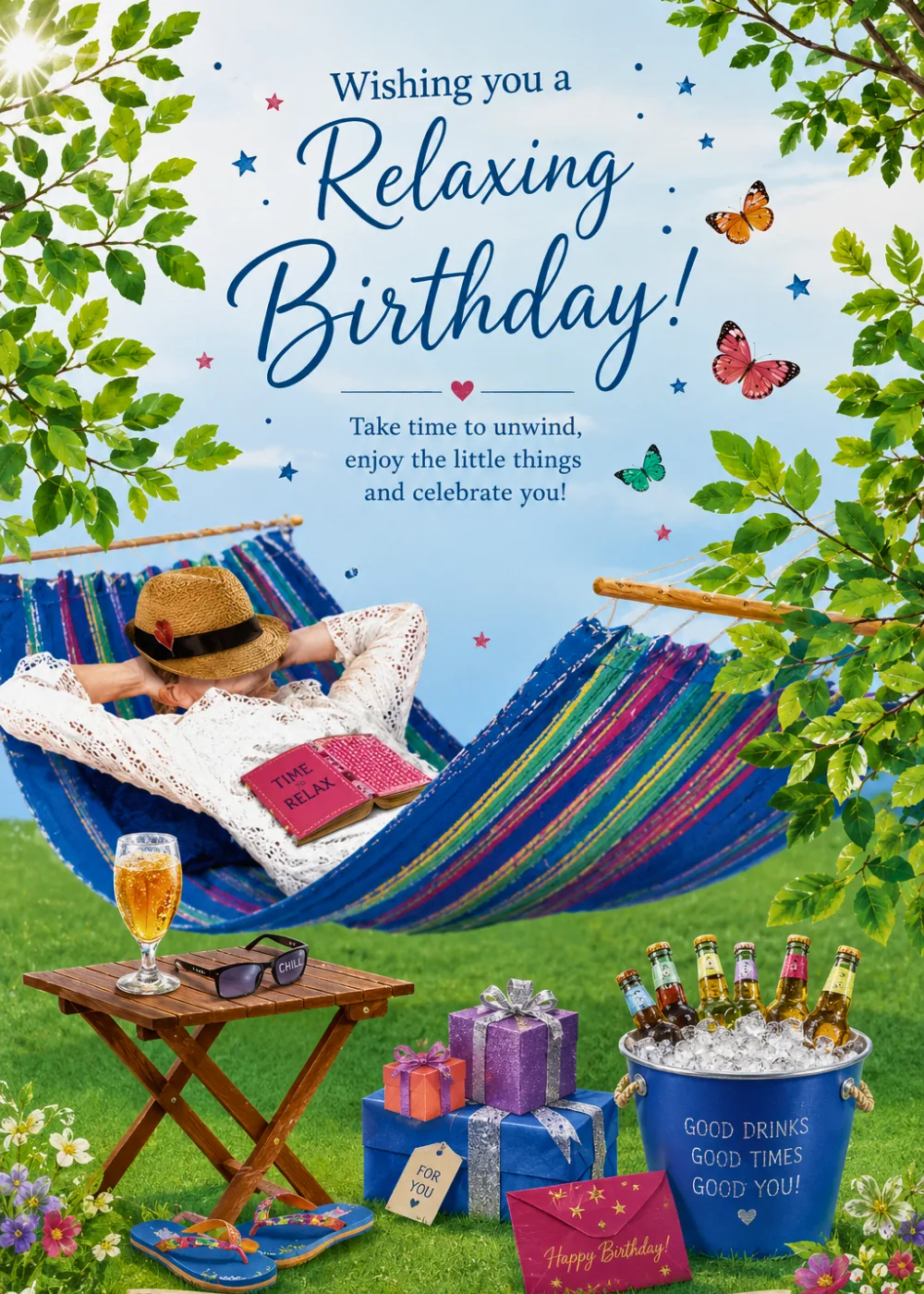 Woman relaxing in a garden hammock with drinks and gifts on a photographic birthday card