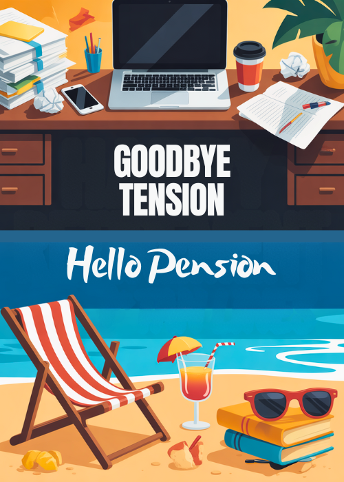 Funny retirement card split between a chaotic office desk labeled Goodbye Tension and a sunny beach scene labeled Hello Pension