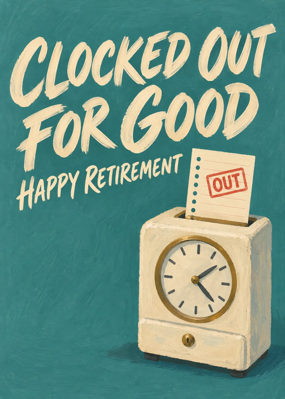 Vintage punch time clock with OUT slip on teal background reading Clocked Out For Good Happy Retirement Vintage punch time clock with OUT slip on teal background reading Clocked Out For Good Happy Retirement
