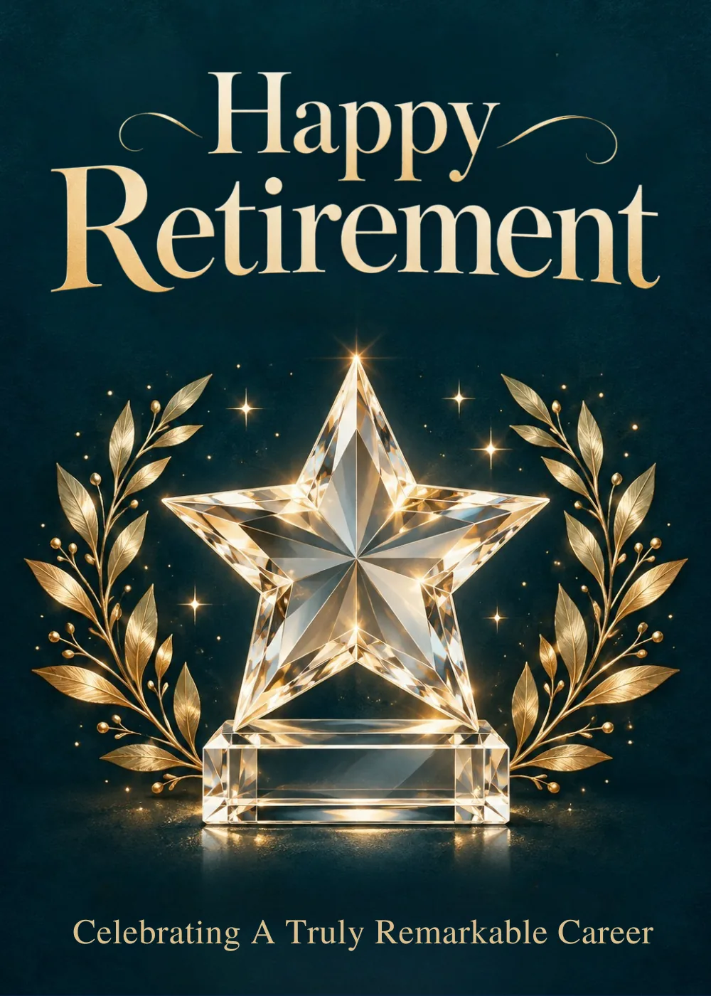 Crystal star award in gold laurel wreath on dark navy background with Happy Retirement in gold lettering Crystal star award in gold laurel wreath on dark navy background with Happy Retirement in gold lettering