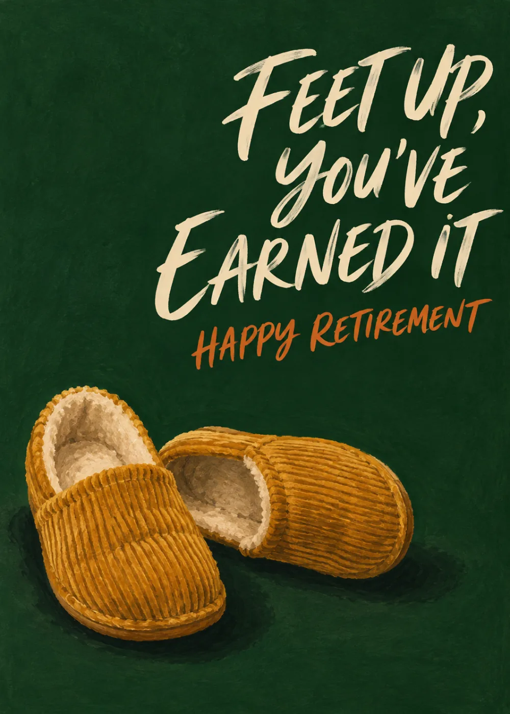 Tan corduroy slippers on dark green background with Feet Up You've Earned It Happy Retirement script Tan corduroy slippers on dark green background with Feet Up You've Earned It Happy Retirement script