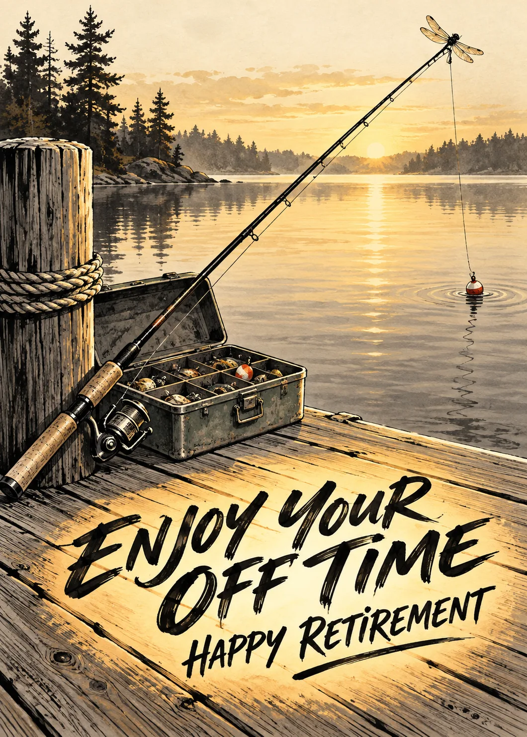 Happy Retirement card with fishing rod, tackle box and bobber on a wooden dock at golden sunrise over a calm lake