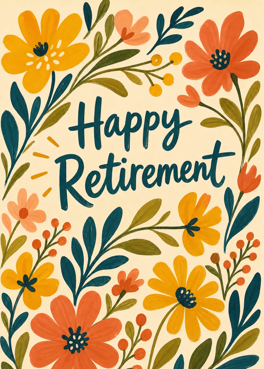 Bold folk art flowers in marigold and coral framing Happy Retirement script on cream