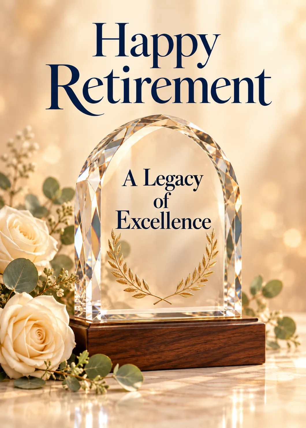 Glass award engraved A Legacy of Excellence on a wooden base among cream roses with Happy Retirement lettering Glass award engraved A Legacy of Excellence on a wooden base among cream roses with Happy Retirement lettering