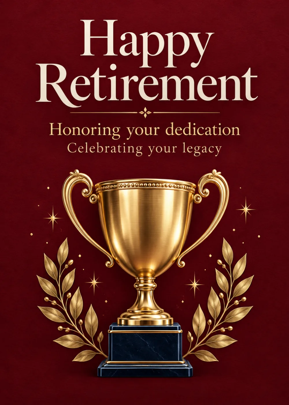 Gold trophy with laurel branches on burgundy background with Happy Retirement Honoring your dedication