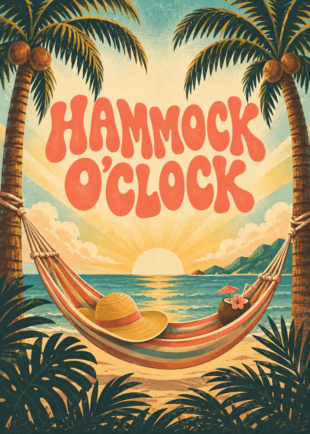 Hammock O'Clock in coral retro letters, striped hammock with straw hat and coconut drink between palm trees at sunset