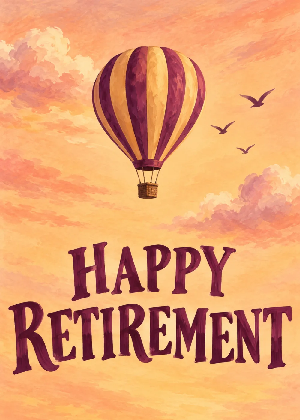 Striped hot air balloon floating in a peach sunset sky above bold Happy Retirement lettering Striped hot air balloon floating in a peach sunset sky above bold Happy Retirement lettering