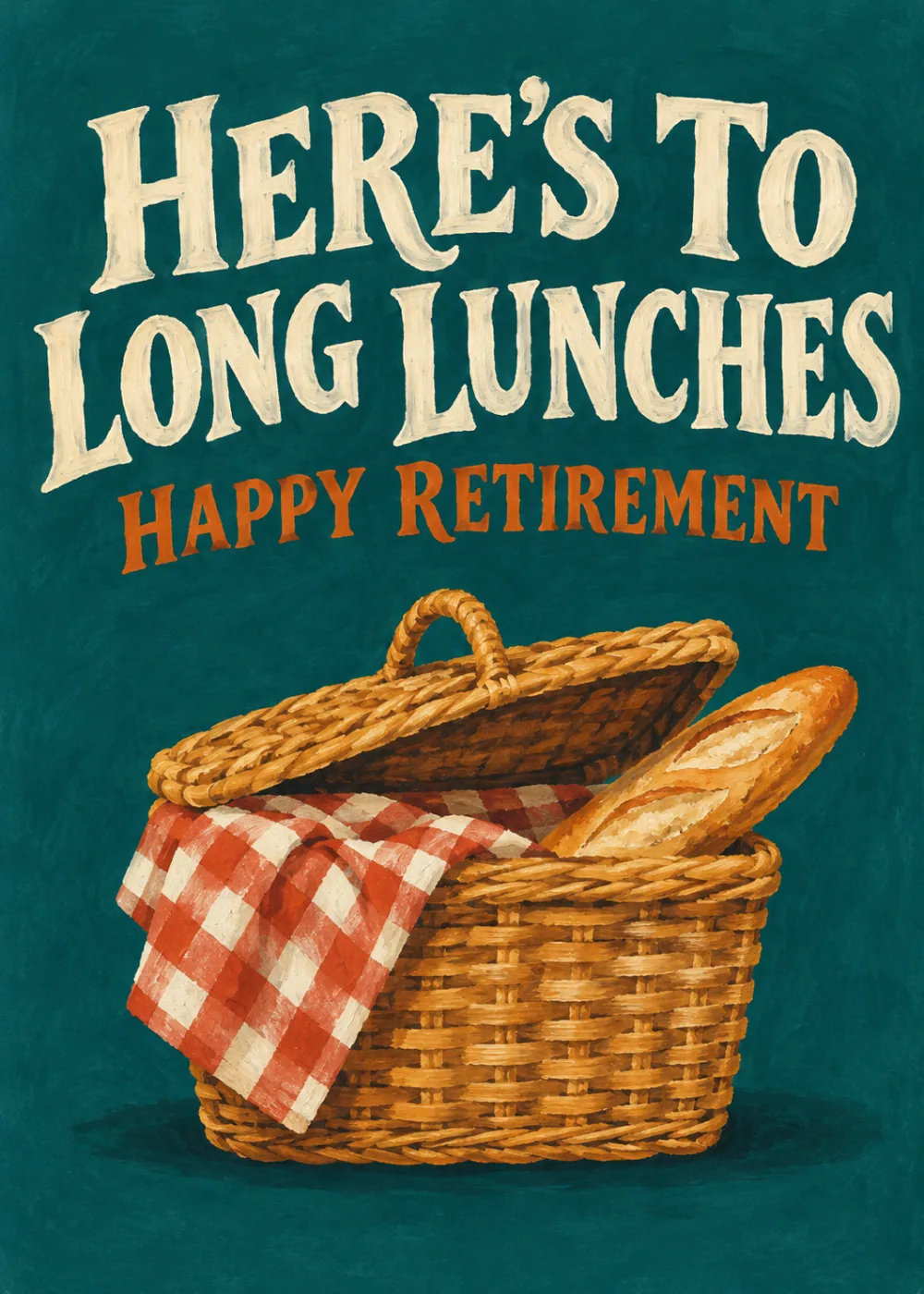 Wicker picnic basket with checkered cloth and baguette on teal background reading Here's To Long Lunches