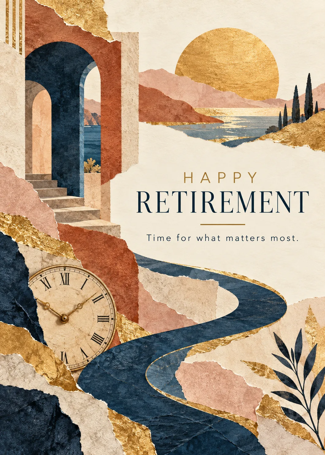 Layered paper collage of an arch, winding river, golden sun and clock with Happy Retirement lettering Layered paper collage of an arch, winding river, golden sun and clock with Happy Retirement lettering